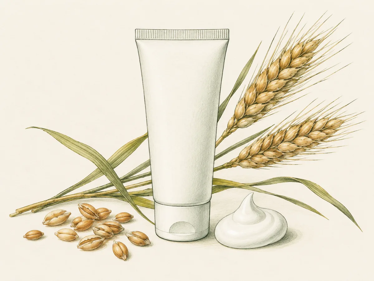 Illustration of an unlabeled cream tube beside stalks of wheat and barley grains