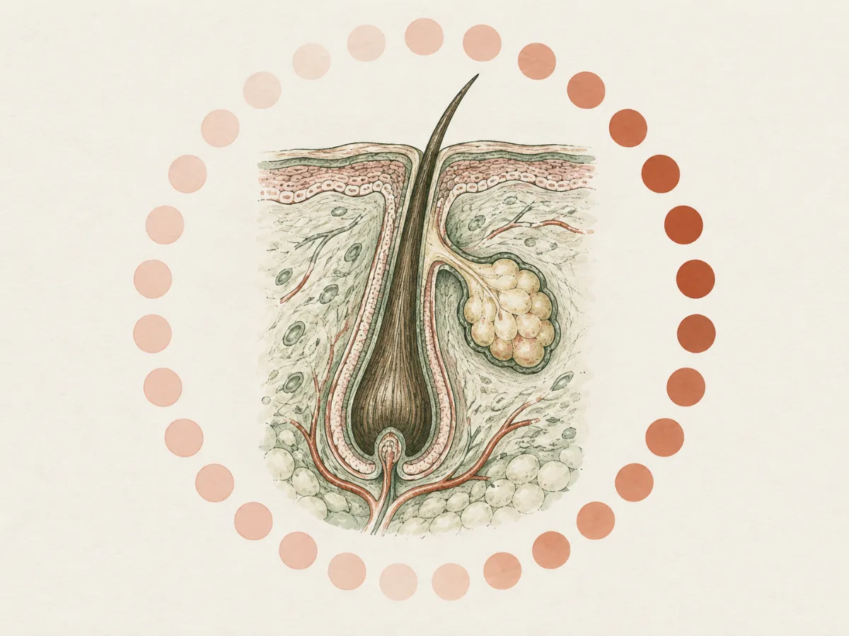 Illustration of a hair follicle and oil gland inside a ring of small circles suggesting a monthly cycle