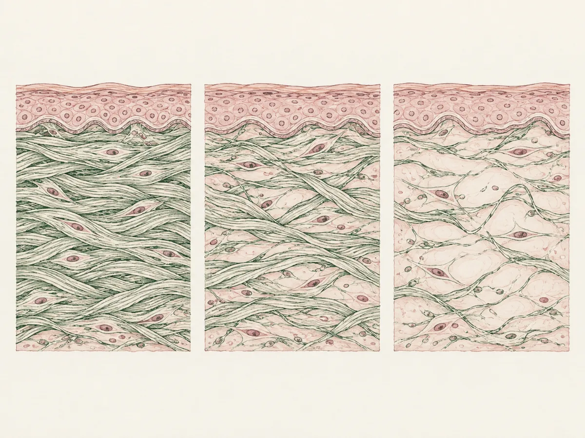 Illustration of three strips of dermis with collagen fibres gradually loosening from left to right