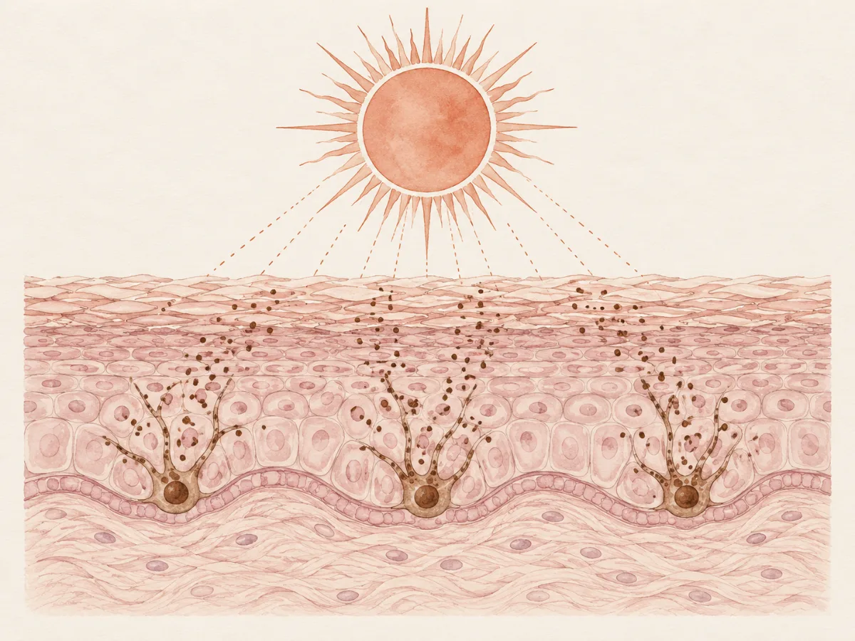 Illustration of a sun above a skin cross-section where pigment cells release small brown granules