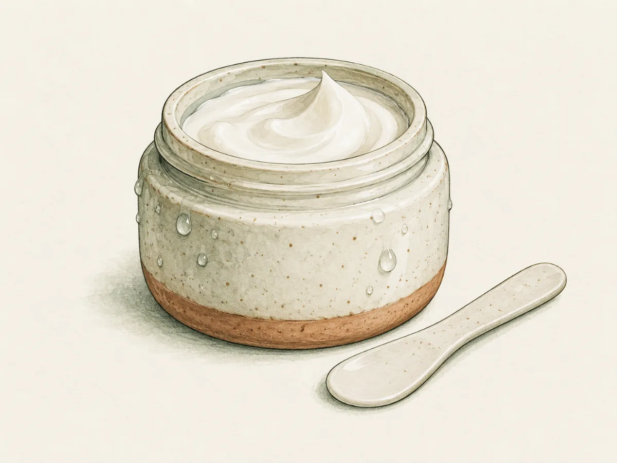 Illustration of an open ceramic jar of rich cream with a small spatula and water droplets