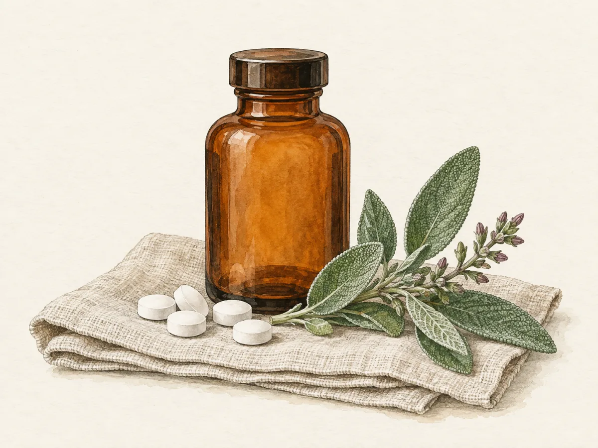 Illustration of an unlabeled amber pharmacy bottle and a few white tablets on linen with sage