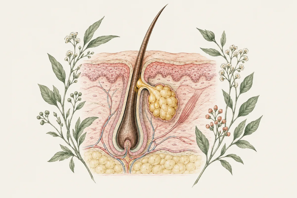 Illustration of a hair follicle with its oil gland and droplets of sebum