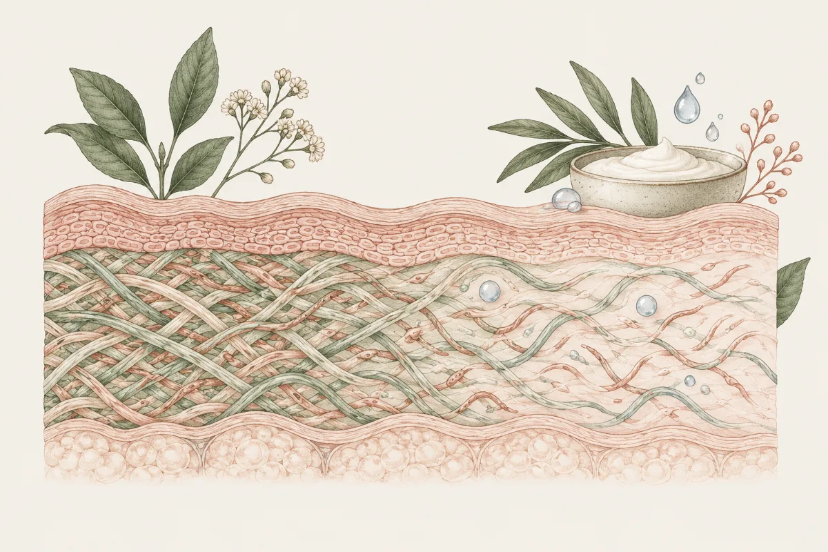 Illustration of collagen and elastin fibres in the dermis, loosening from left to right