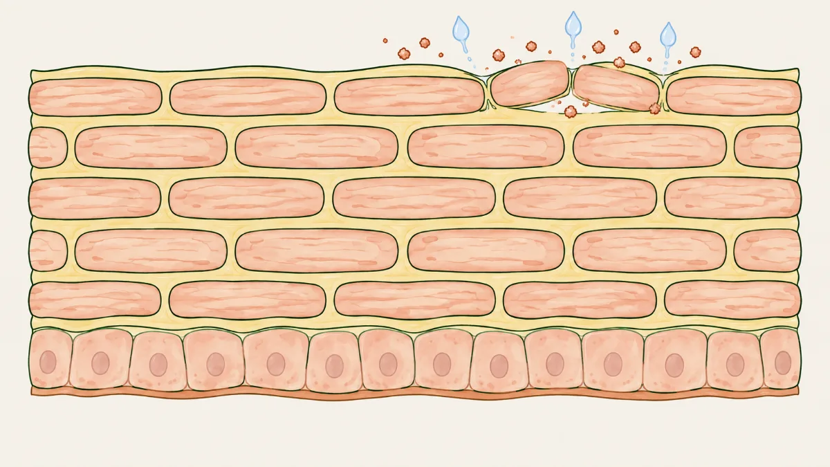 The same barrier schematic with lifted cells, broken lipids, irritants entering and water escaping