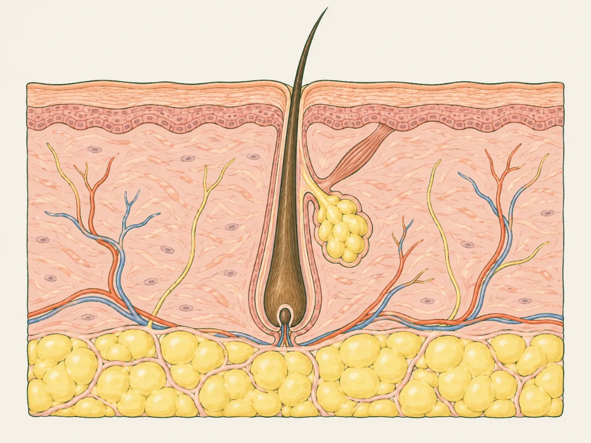 Schematic cross-section of skin with a hair follicle, its oil gland, the dermis and fat below