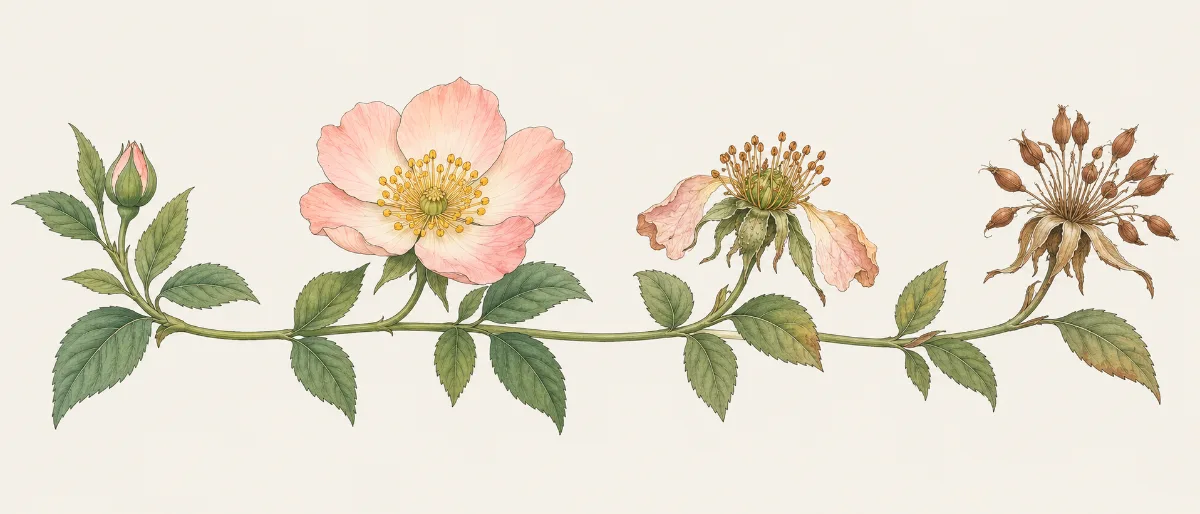 Botanical illustration of one plant in four stages: young sprig, full bloom, fading flower and dried seed head