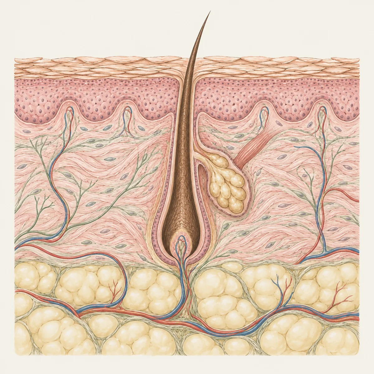 Illustrated cross-section of skin: the outer barrier of flattened cells, a hair follicle with its oil gland in the dermis, and the fat layer beneath